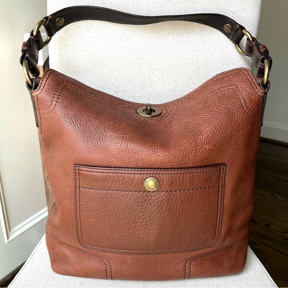 Coach Chelsea Pebbled Leather Turnlock Bucket Bag in Brown